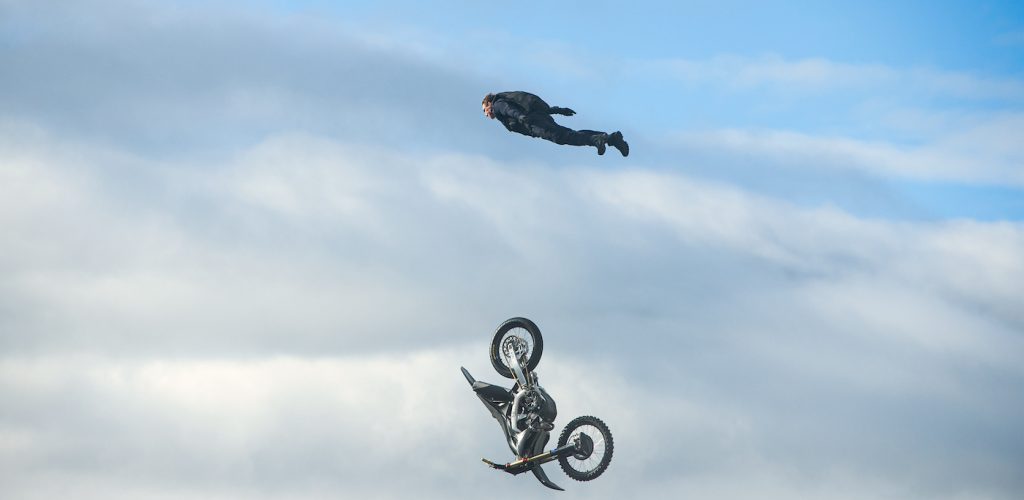 Tom Cruise skydives off a motorcycle in "Mission Impossible Dead Reckoning Part One"